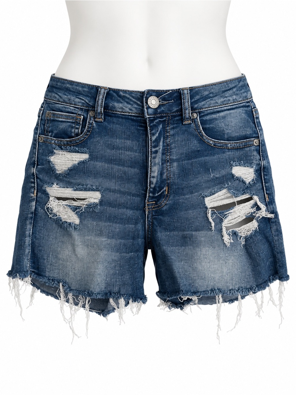 Size 6 American Eagle Women’s Next Level Stretch Blue Distressed Denim Midi Shor